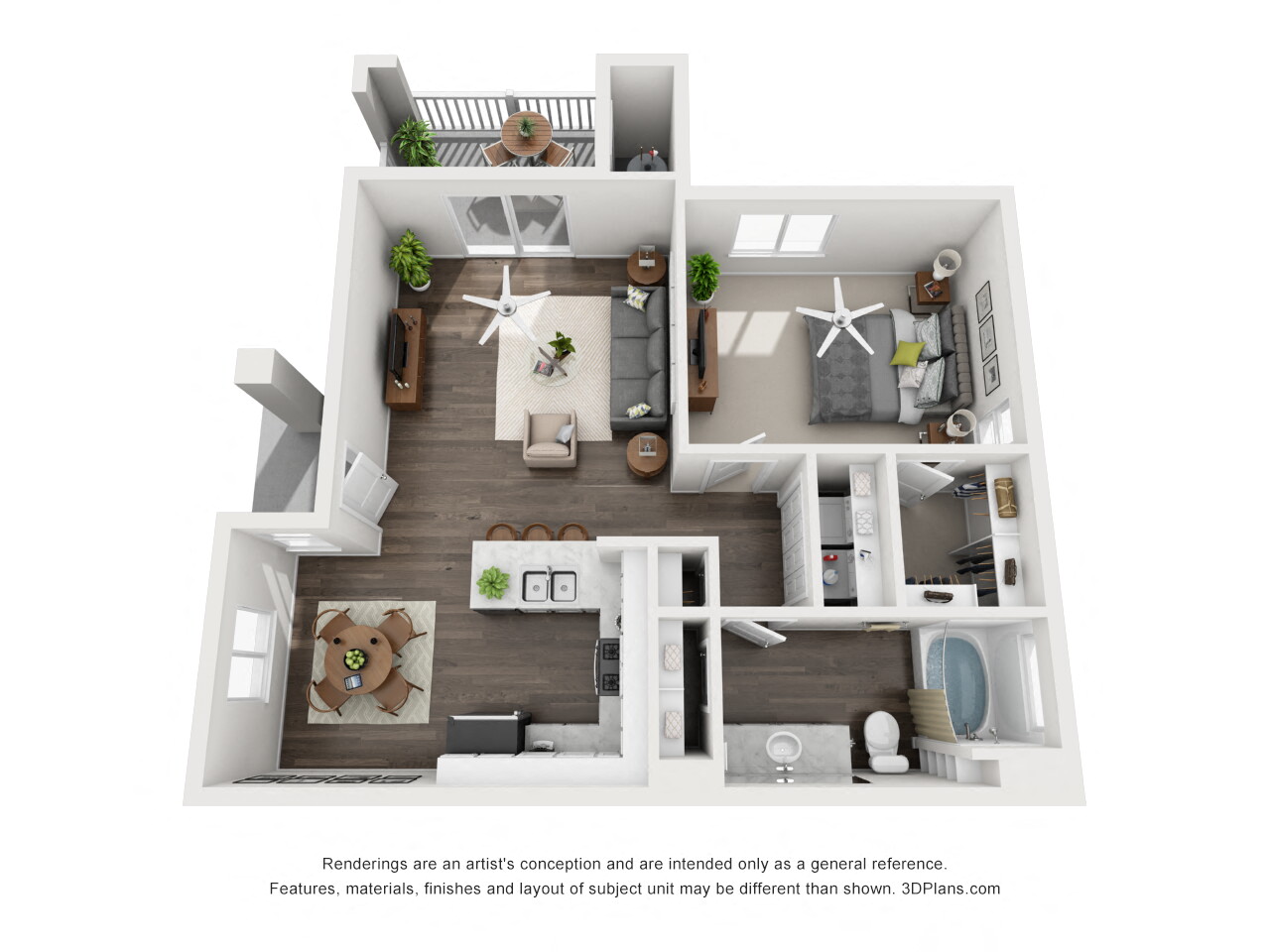 Floor plan for 1 bed, 1 bath, 840 sqft